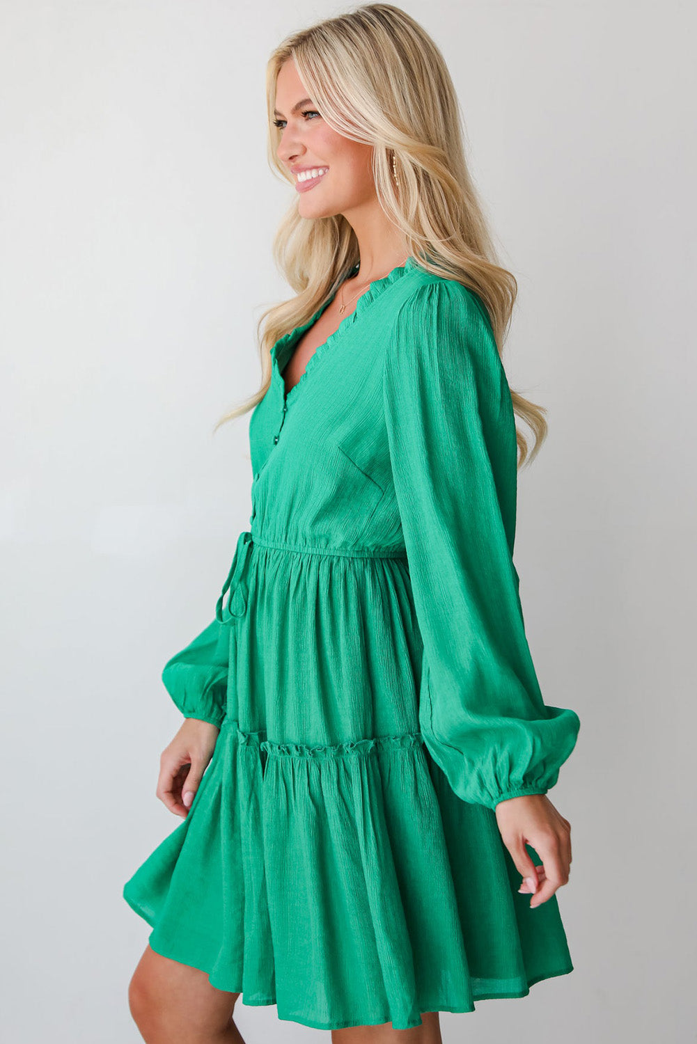 Sea Green Frilly V Neck Puff Sleeve Drawstring Shift Mini Dress-Bella Boutique Collective