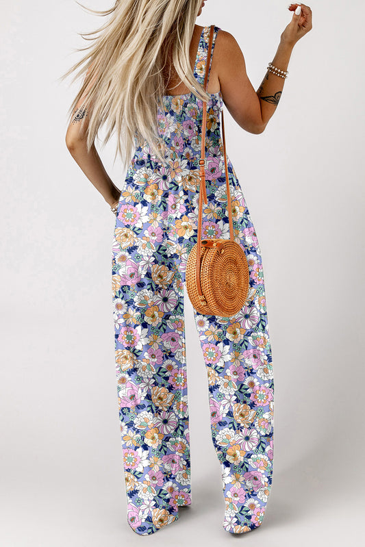 Purple Floral Print Smocked High Waist Square Neck Jumpsuit-Bella Boutique Collective