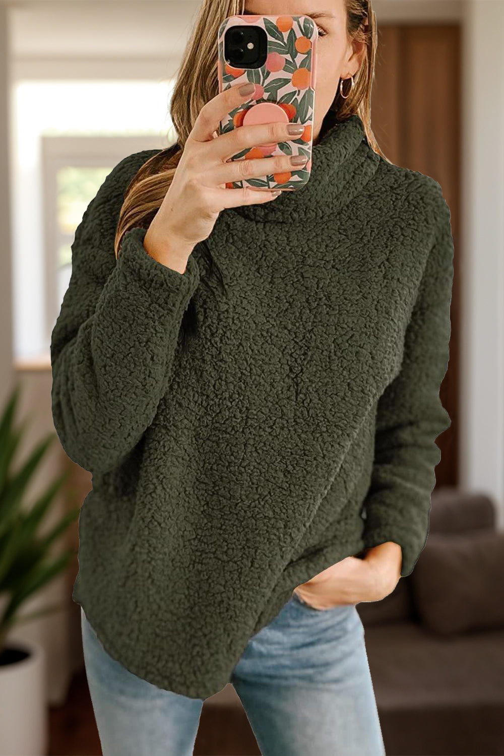 Fuzzy Turtleneck Long Sleeve Sweatshirt-Bella Boutique Collective