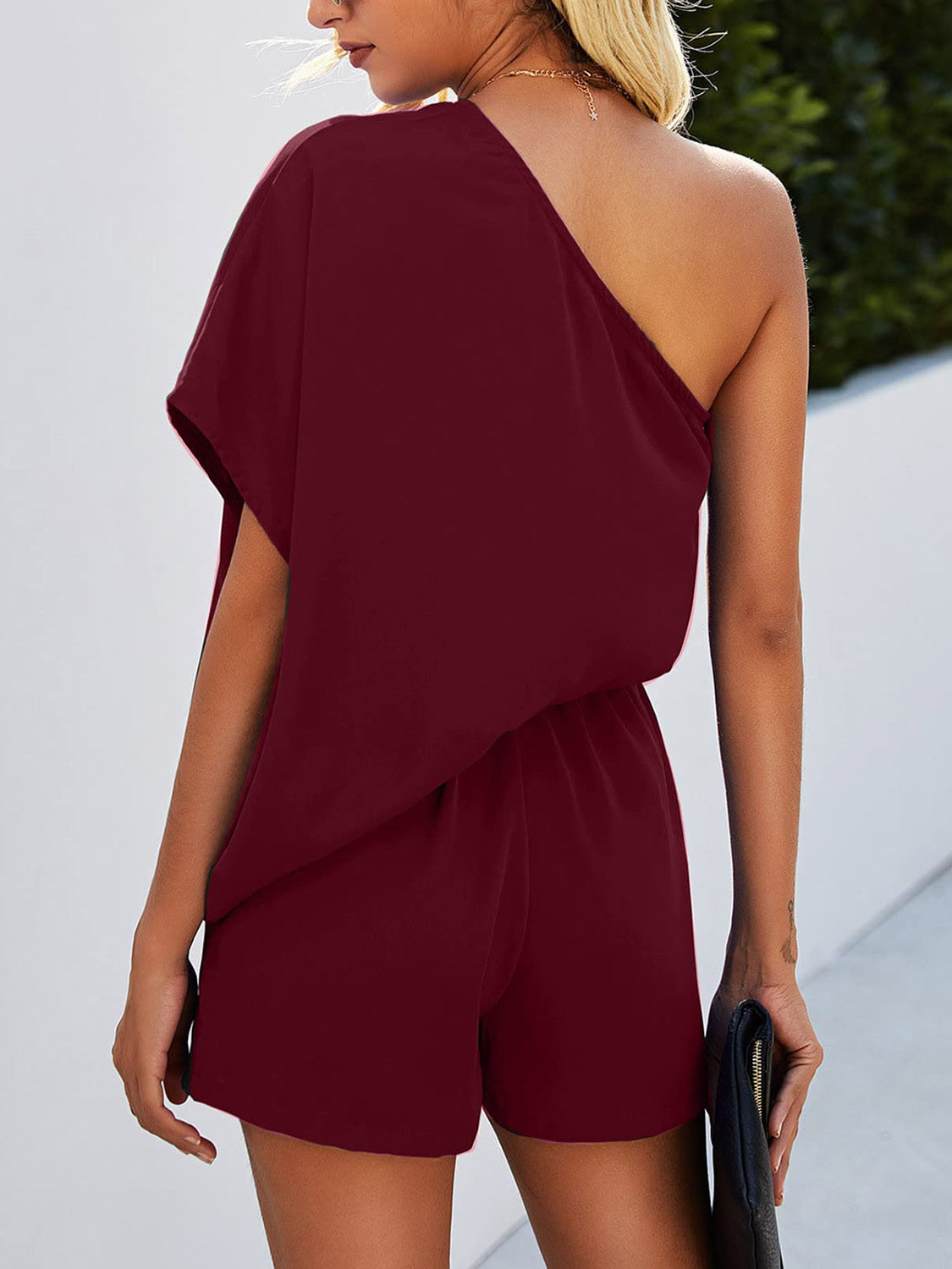 Single Shoulder Batwing Sleeve Romper-Bella Boutique Collective