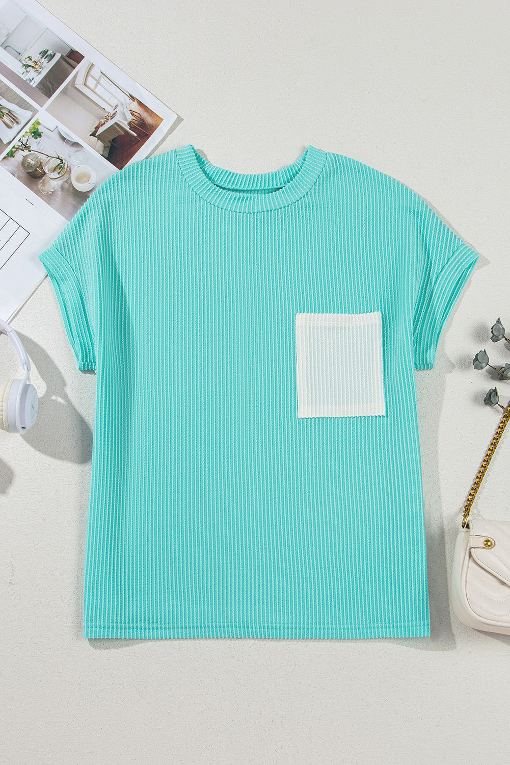 Light Blue Corded Knit Color Block Pocketed Crew Neck T Shirt-Bella Boutique Collective