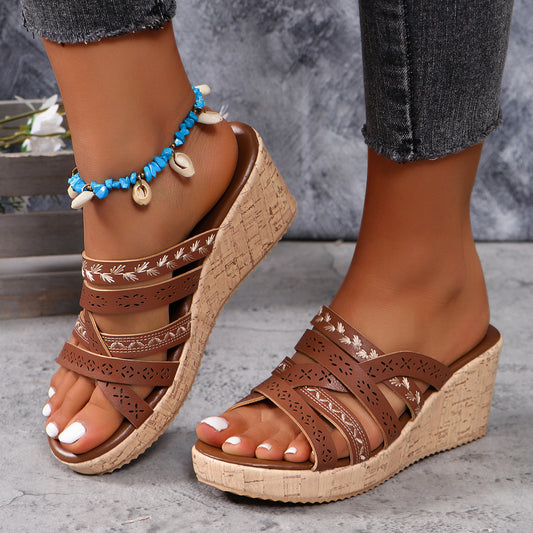 PU Leather Crisscross Wedge Sandals-Bella Boutique Collective