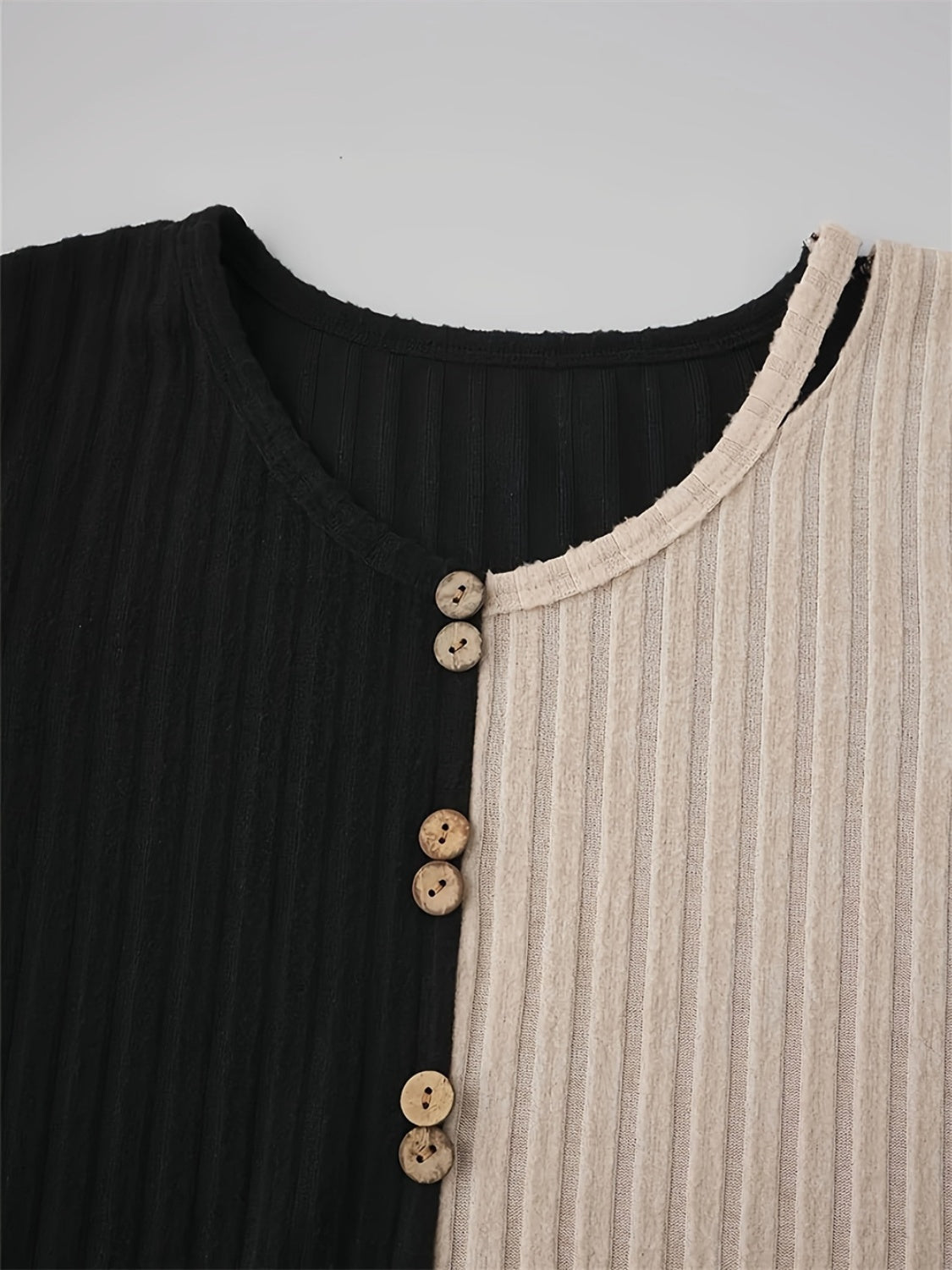 Decorative Button Contrast Round Neck Long Sleeve T-Shirt-Bella Boutique Collective
