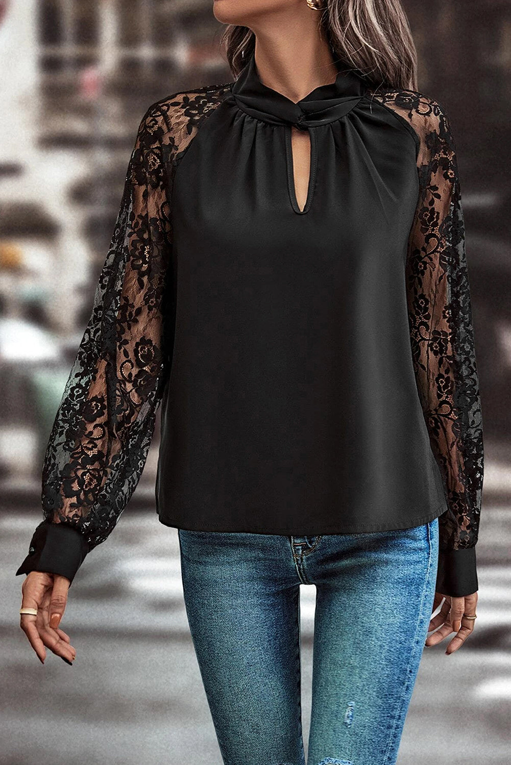 Black Keyhole Neckline Floral Lace Raglan Sleeve Blouse-Bella Boutique Collective