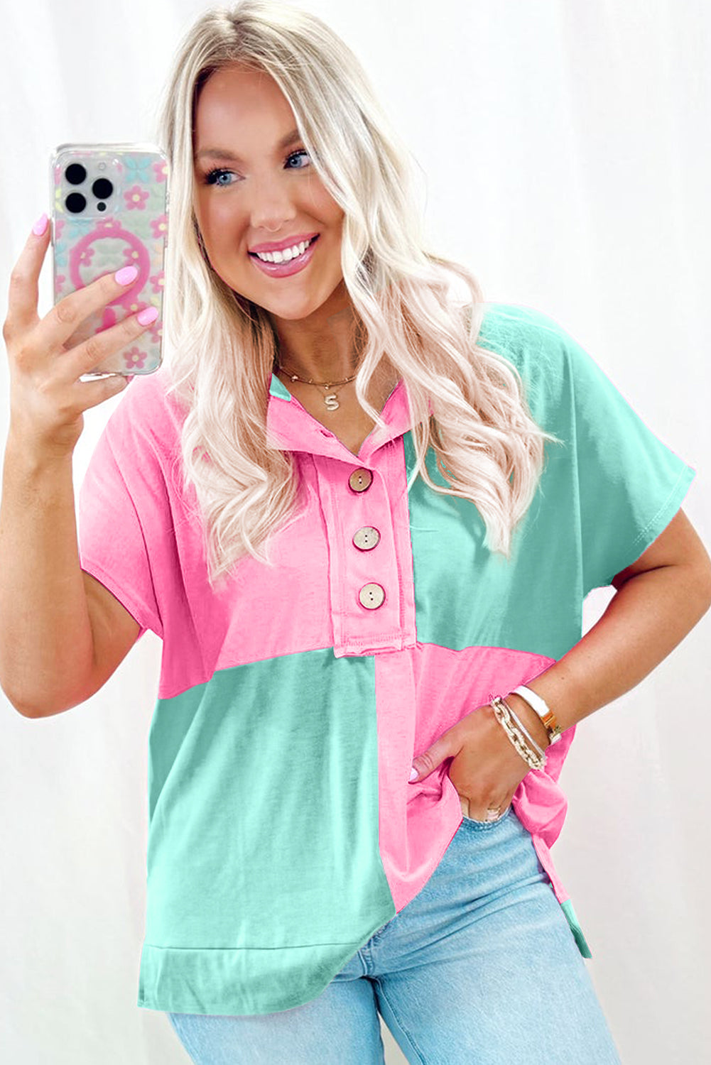 Mint Green Two Tone Half Buttons Collared T Shirt-Bella Boutique Collective