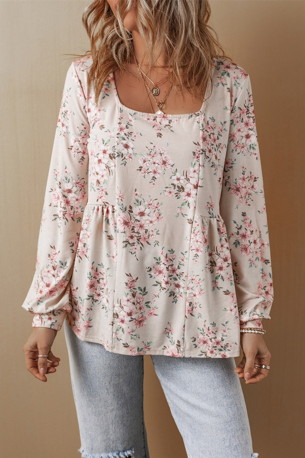 Pink Floral Print Pleated U Neck Loose Fit Blouse-Bella Boutique Collective