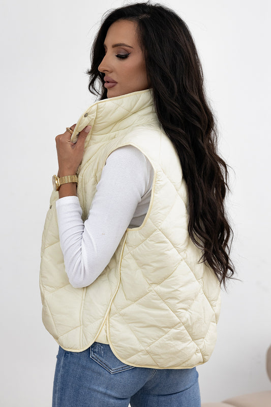 Beige Quilted High Neck Button Up Pocket Vest Coat-Bella Boutique Collective