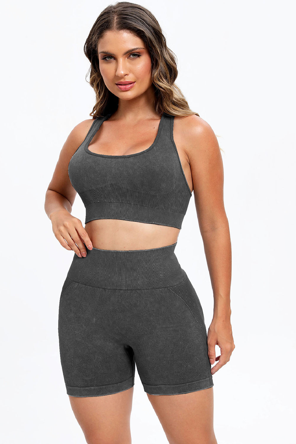 3 Piece Washed Square Neck Wide Strap Active Set-Bella Boutique Collective