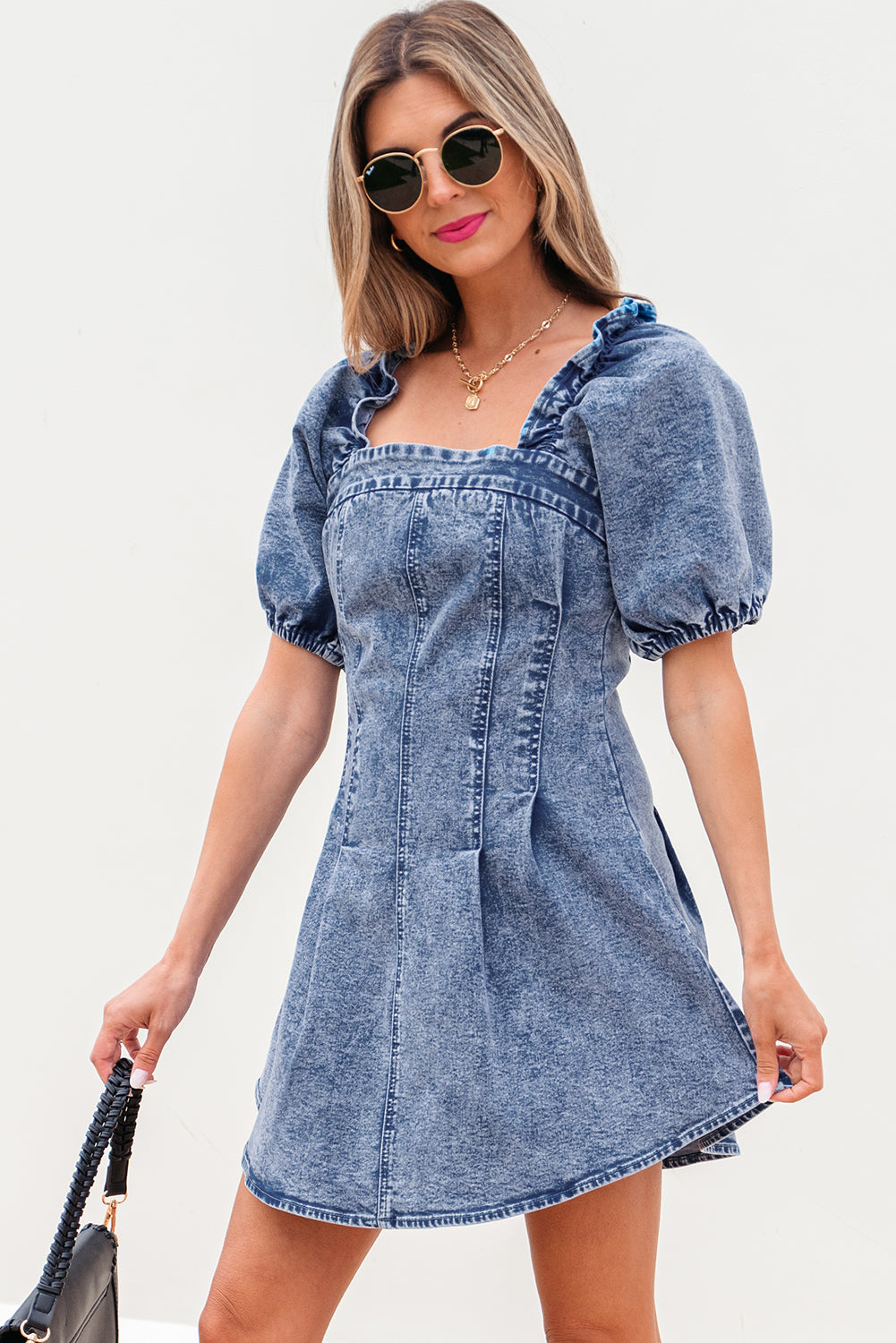 Blue Frilly Square Neck Bustier Puff Sleeve Short Denim Dress-Bella Boutique Collective