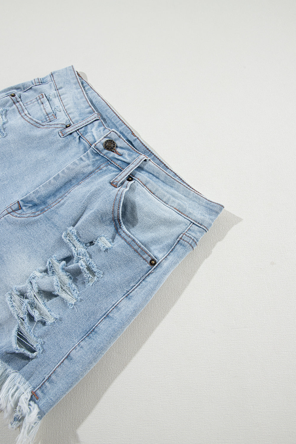 Light Blue Distressed Ripped Raw Hem High Waist Denim Shorts-Bella Boutique Collective