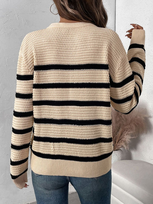 Perfee Striped Half Button Long Sleeve Sweater-Bella Boutique Collective