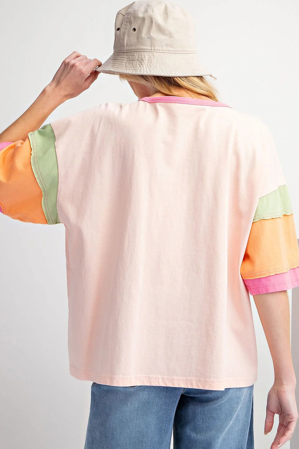 Pink Rugby Chenille Embroidered Color Block Half Sleeve T Shirt-Bella Boutique Collective