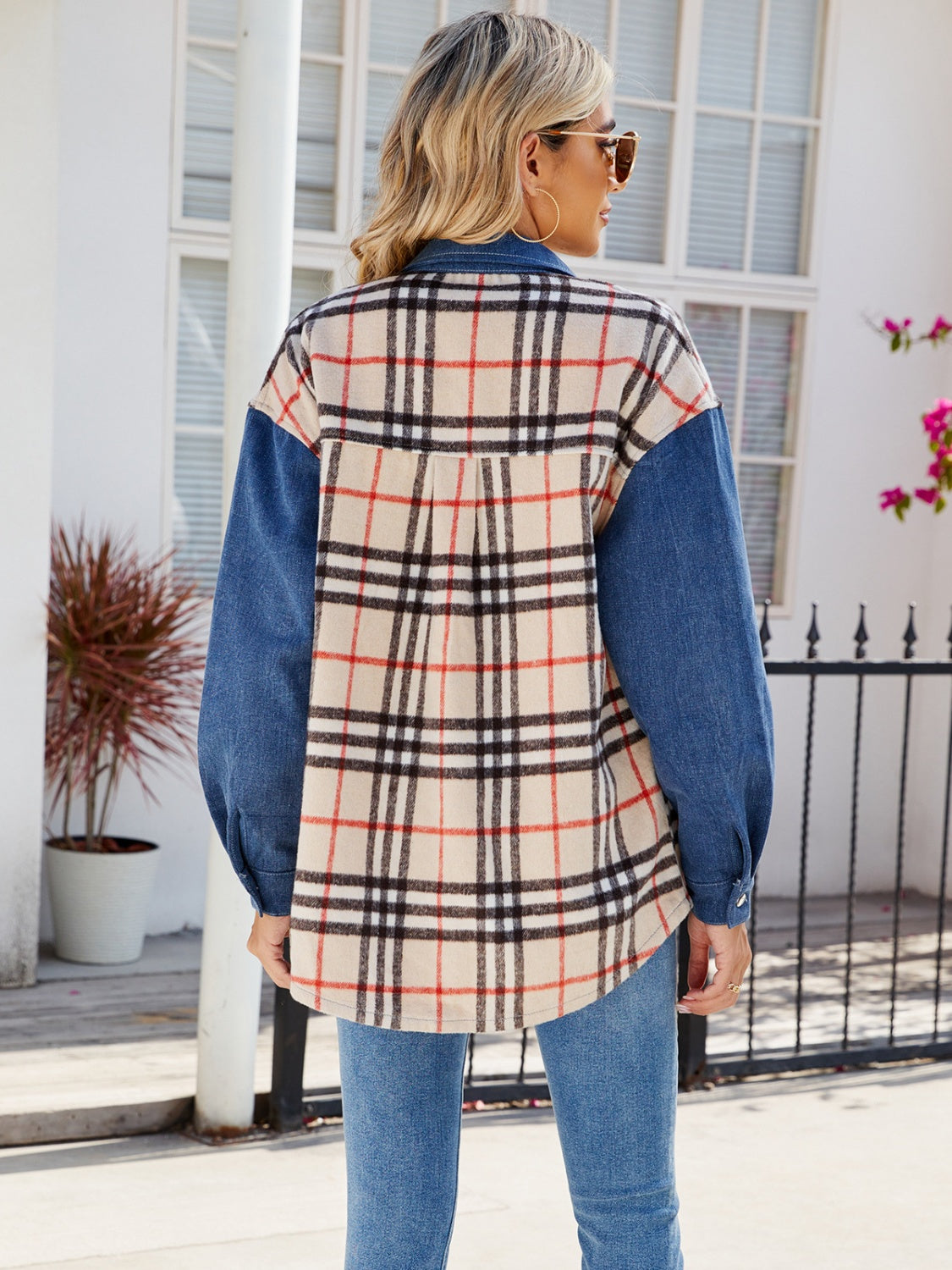 Plaid Long Sleeve Denim Jacket-Bella Boutique Collective