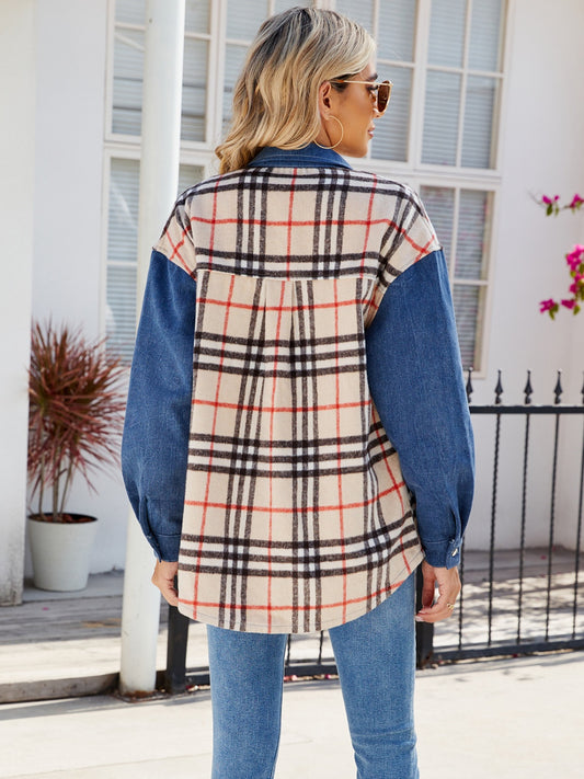 Plaid Long Sleeve Denim Jacket-Bella Boutique Collective