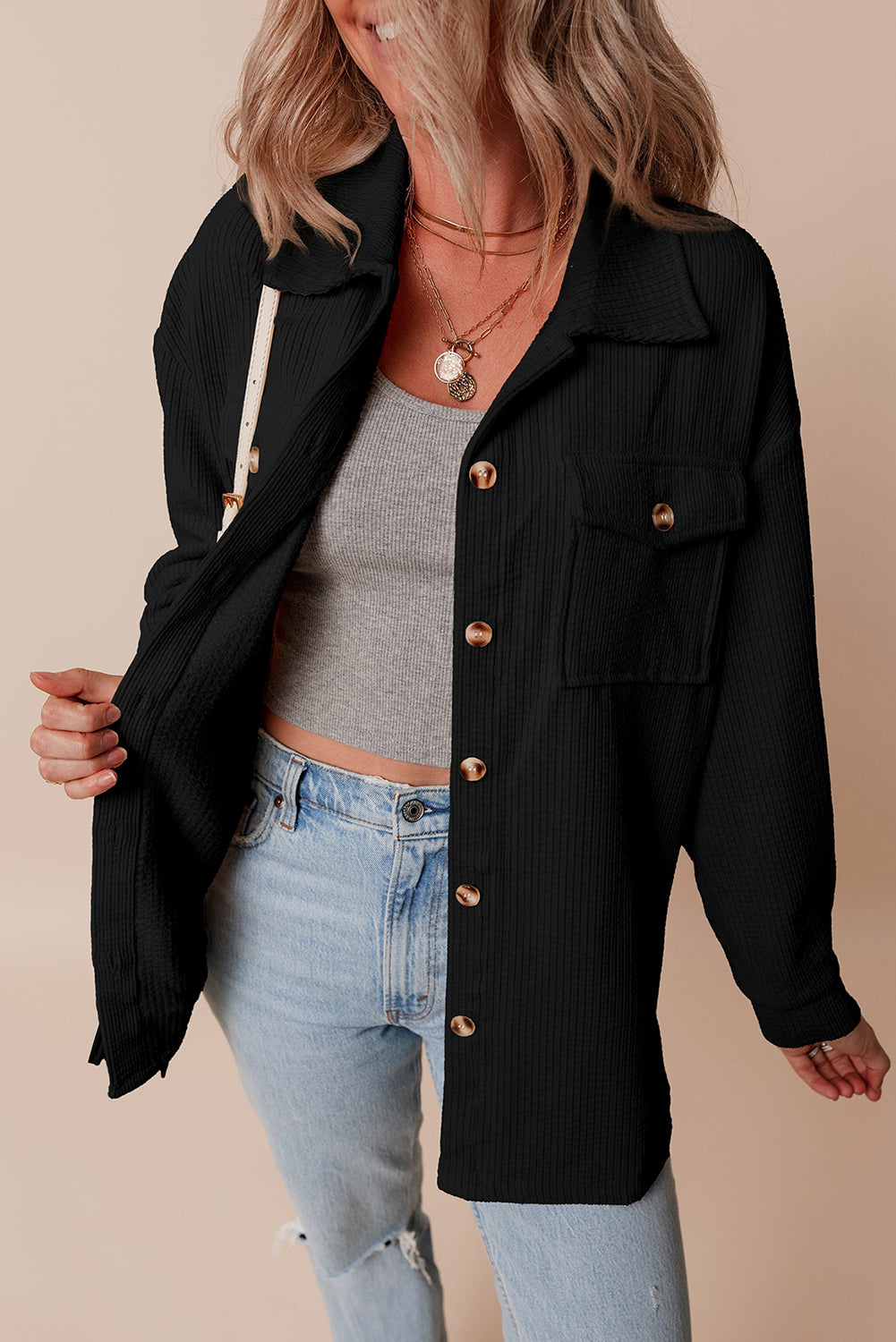 Black Corduroy Flap Pocket Button Up Shacket-Bella Boutique Collective