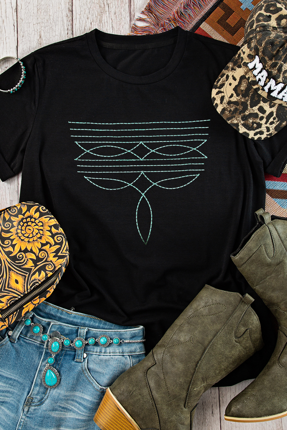 Black Western Fashion Geometric Embroidered T Shirt-Bella Boutique Collective