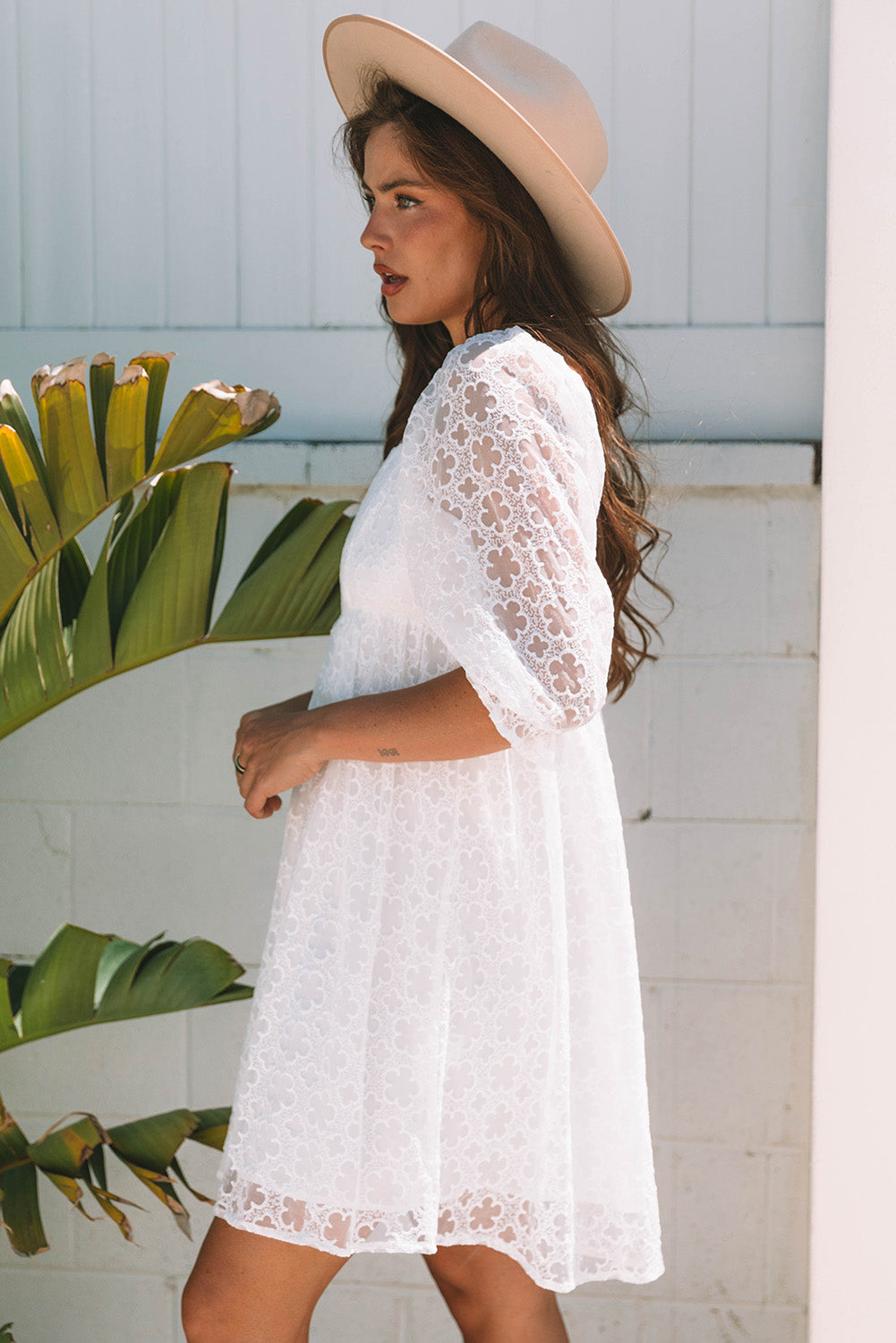 White Floral Lace Puff Sleeve Empire Waist Mini Dress-Bella Boutique Collective