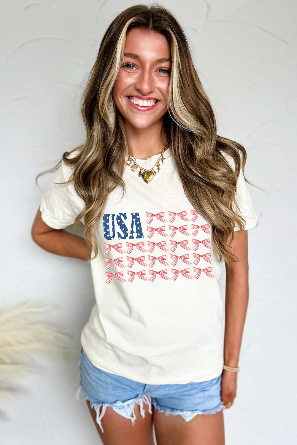 White USA Flag Bow Knot Print Round Neck T Shirt-Bella Boutique Collective