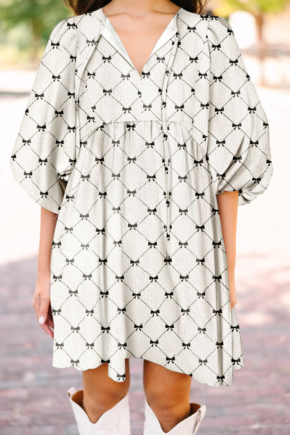 White Bowtie Pattern Textured Puff Half Sleeve Loose Mini Dress-Bella Boutique Collective