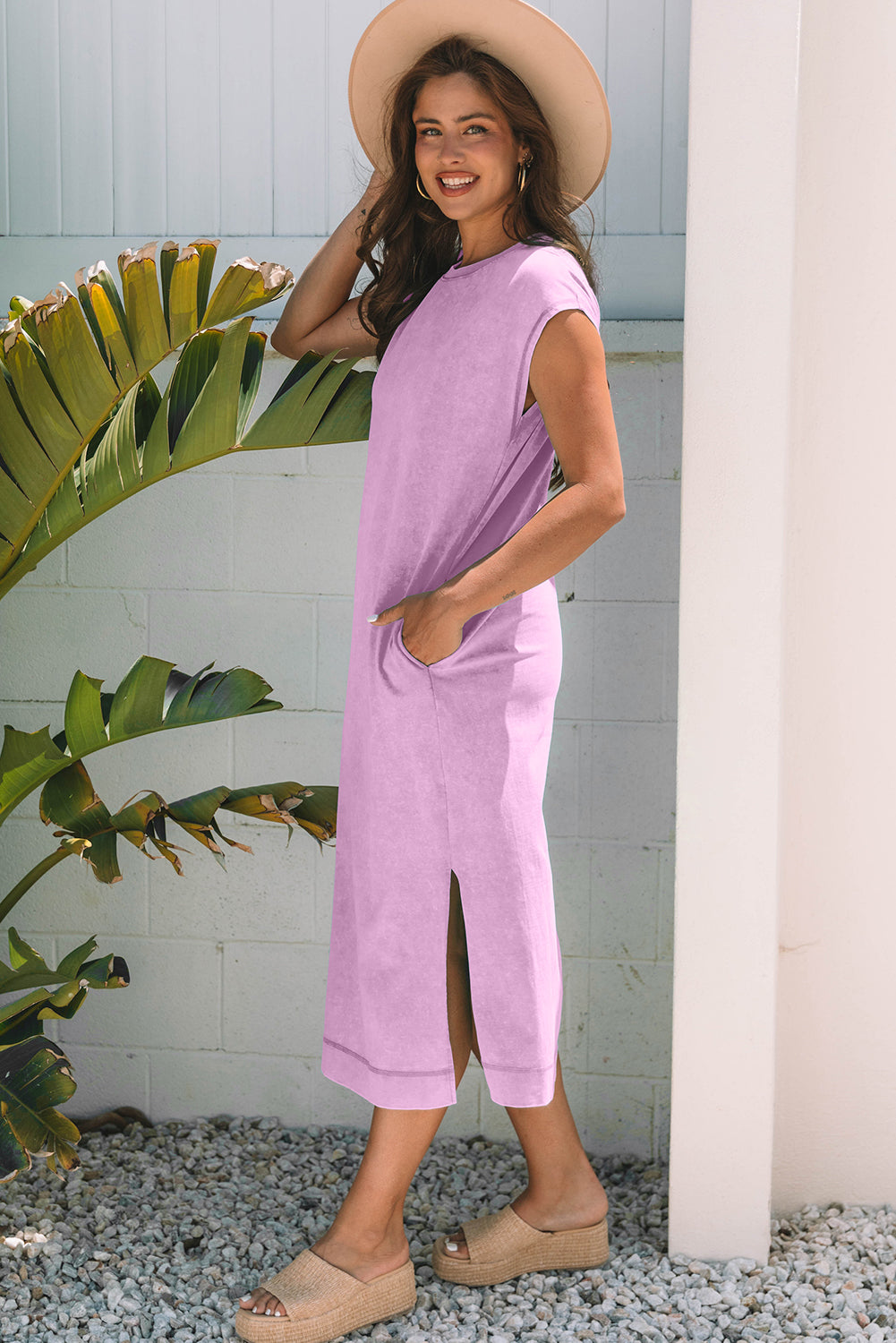 Wisteria Mineral Wash Pocketed T-shirt Long Dress-Bella Boutique Collective