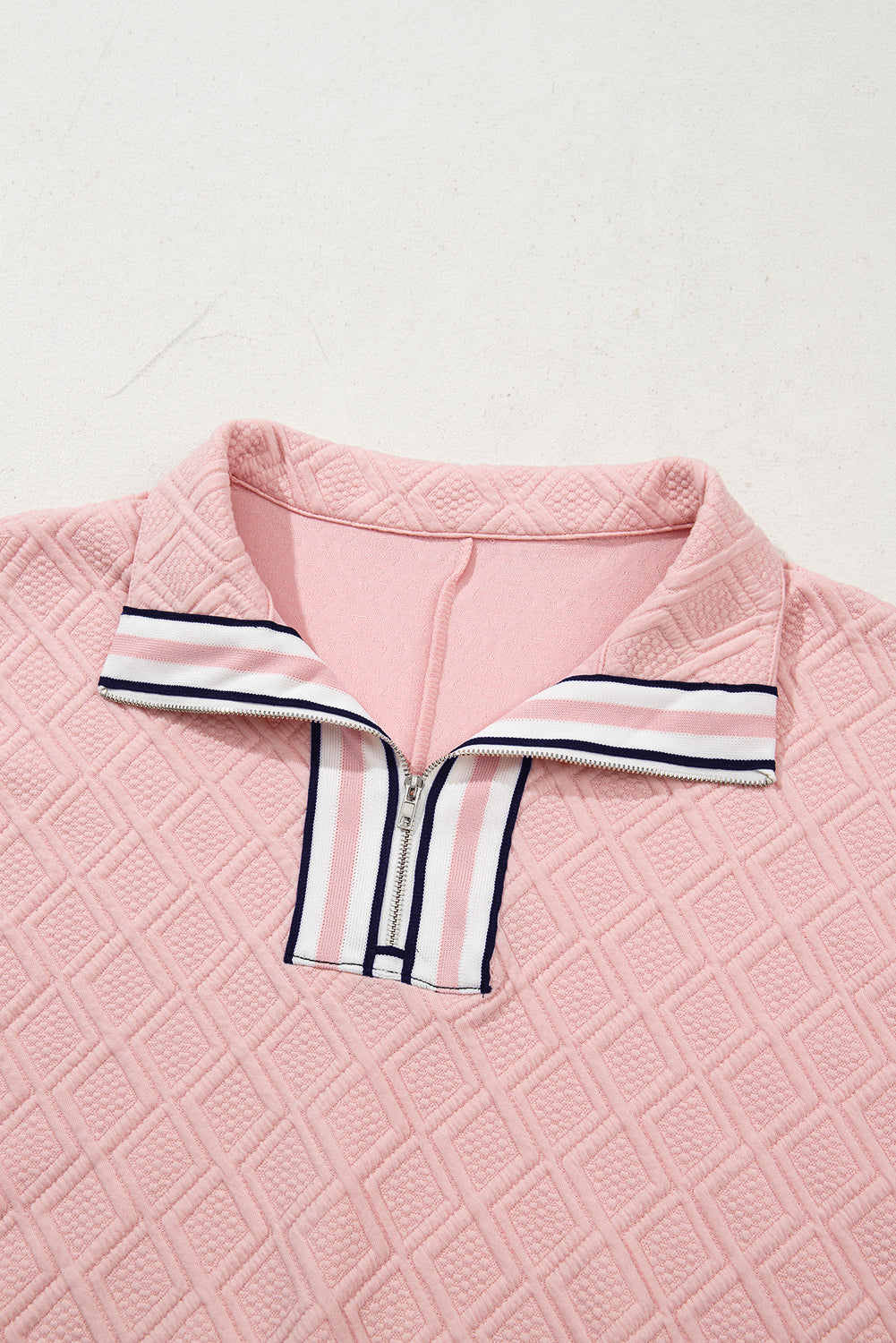 Light Pink Contrast Striped Collar Patchwork Textured Half Sleeve Blouse-Bella Boutique Collective