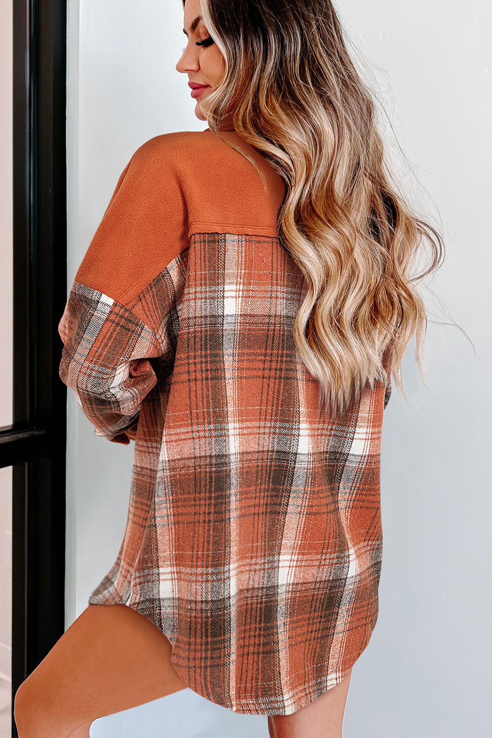 Khaki Colorblock Plaid Pattern Flap Pockets Buttoned Shacket-Bella Boutique Collective