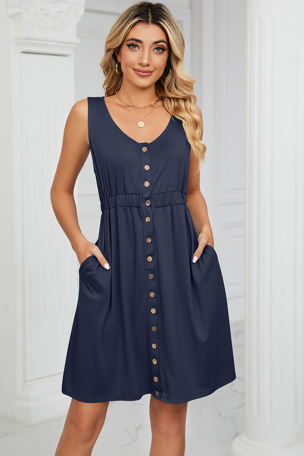 Buttoned Wide Strap Mini Dress-Bella Boutique Collective
