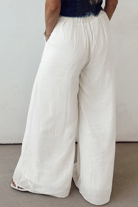 White Solid Drop Waist Pleated Wide Leg Casual Pants-Bella Boutique Collective