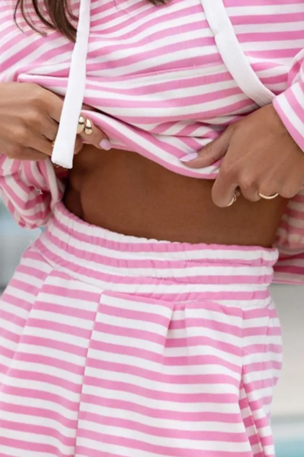 Drawstring Striped Hooded Top and Shorts Set-Bella Boutique Collective