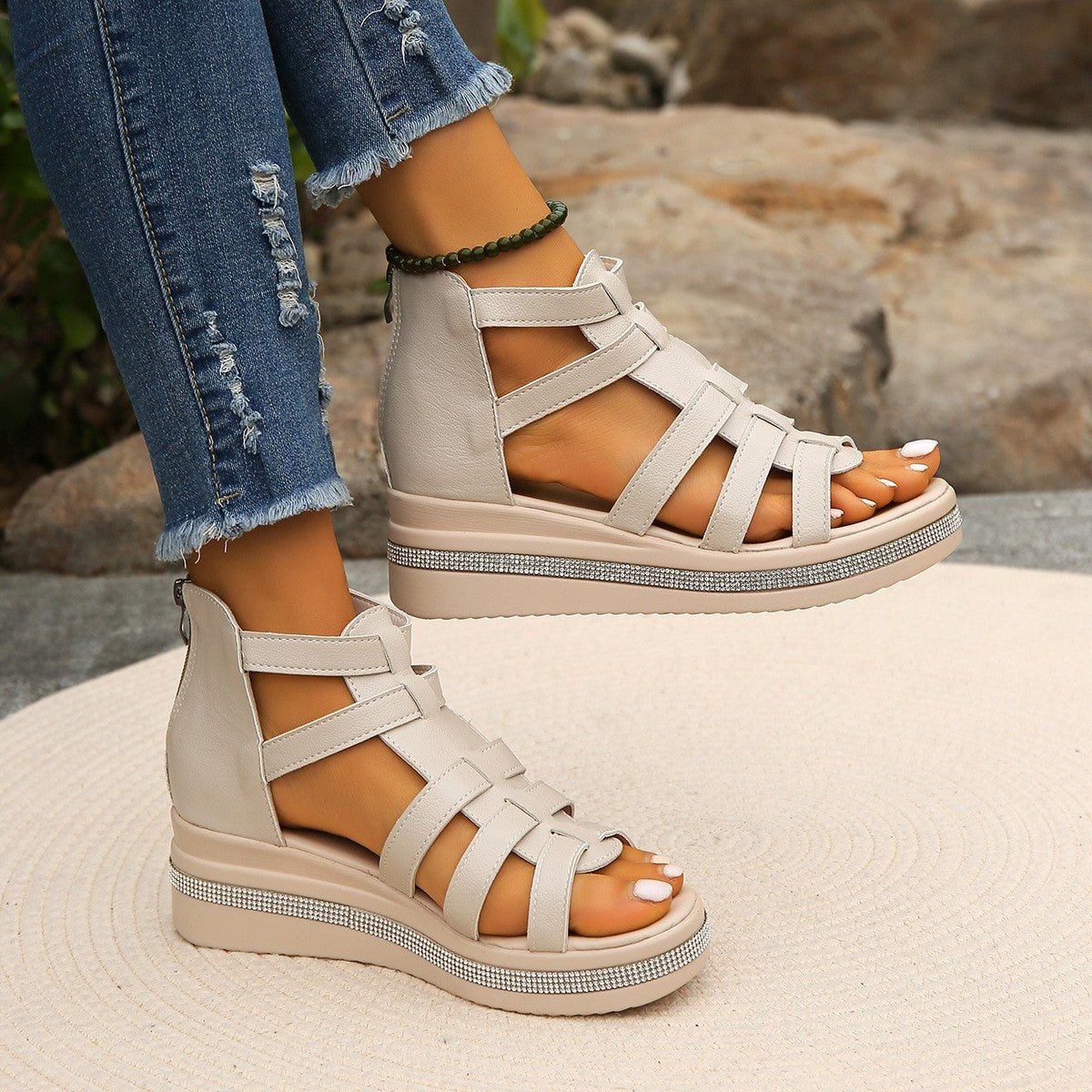 Cutout Rhinestone Trim Wedge Sandals-Bella Boutique Collective