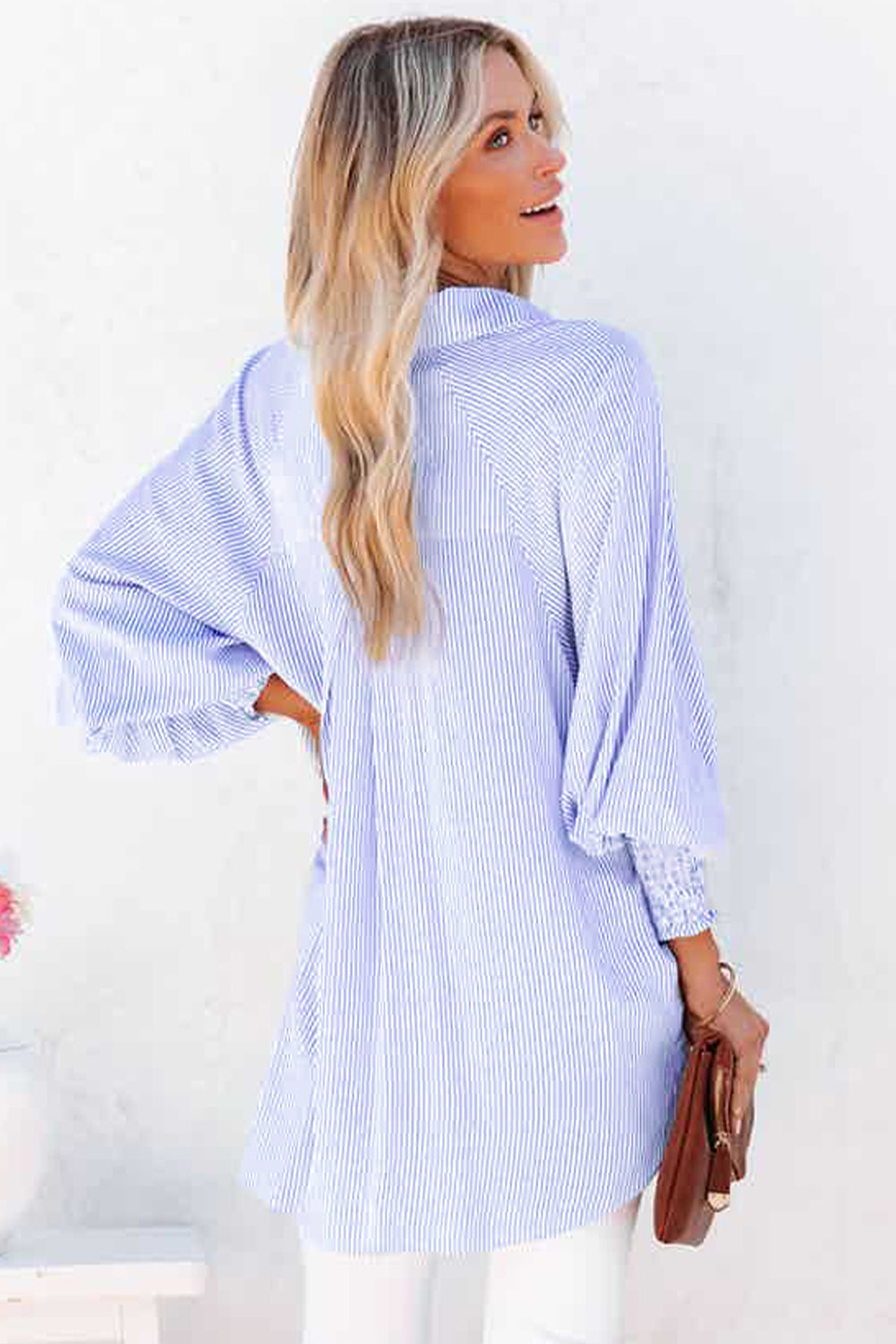 Sky Blue Smocked Cuffed Striped Boyfriend Shirt with Pocket-Bella Boutique Collective