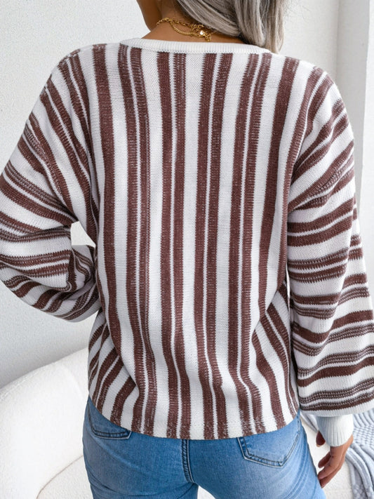 Striped Lace-Up Long Sleeve Sweater-Bella Boutique Collective