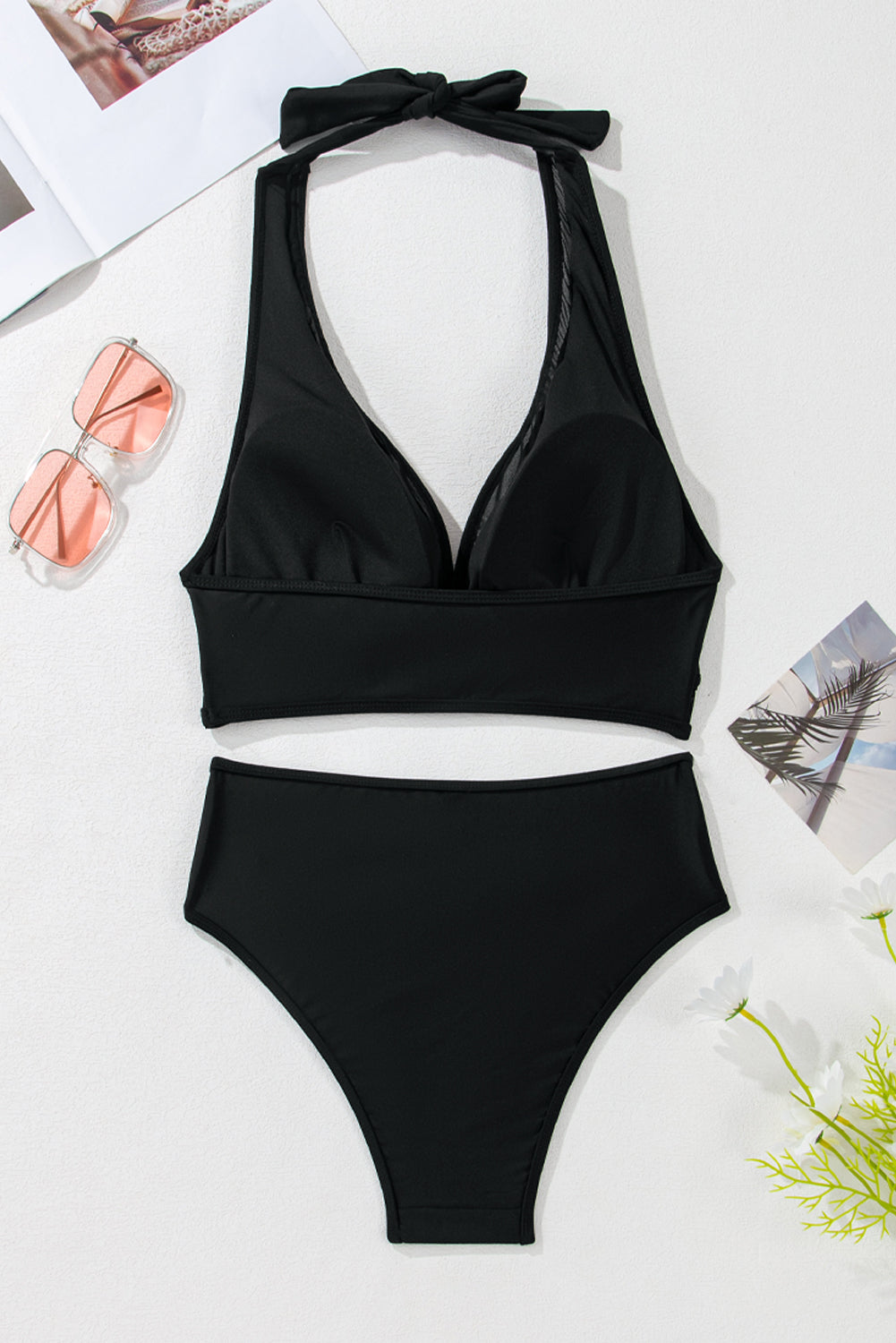 Black Sheer Mesh Edged Halter V Neck Push Up Bikini-Bella Boutique Collective