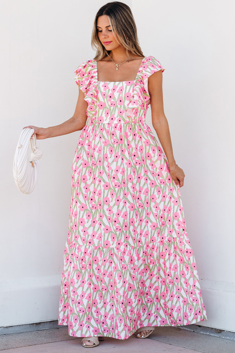 Pink Floral Print Square Neck Ruffled Strap Maxi Dress-Bella Boutique Collective