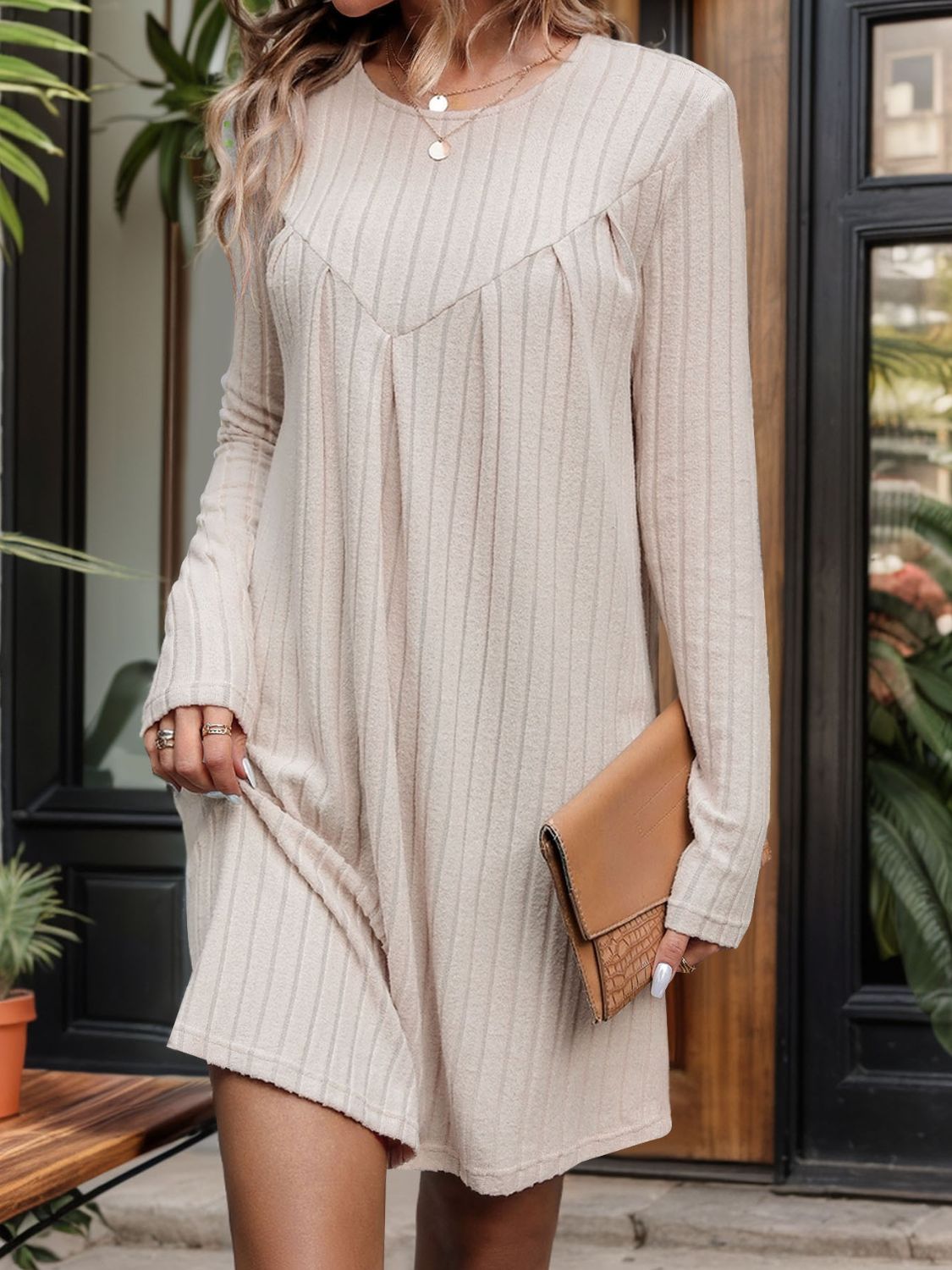 Perfee Round Neck Long Sleeve Mini Dress-Bella Boutique Collective