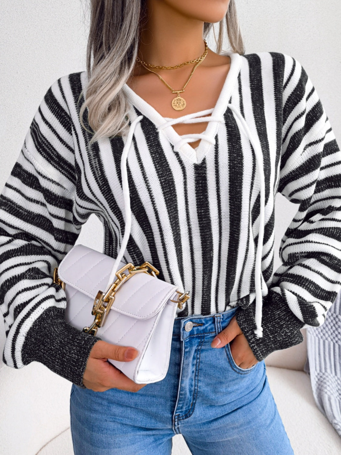 Striped Lace-Up Long Sleeve Sweater-Bella Boutique Collective