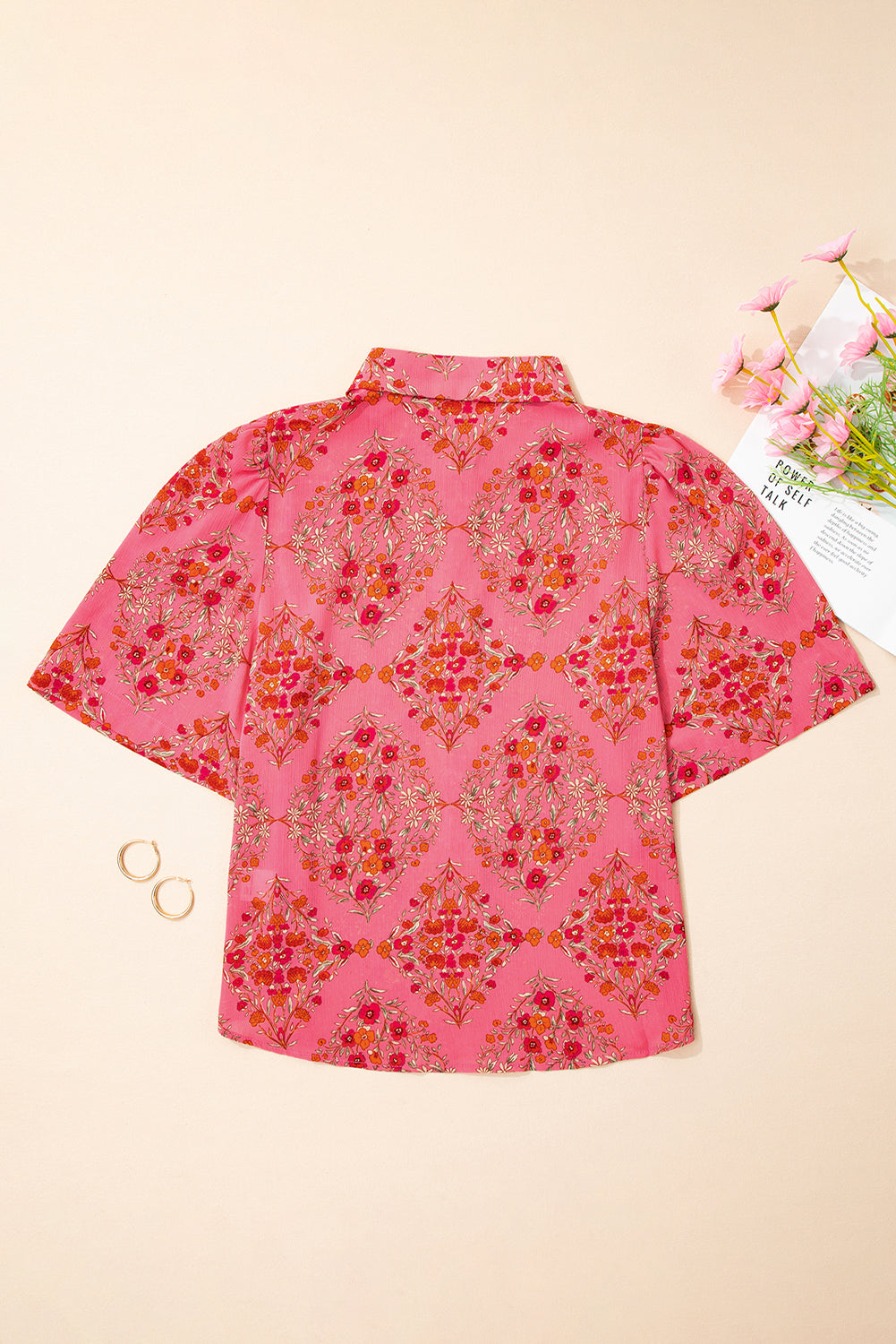 Rose Red Floral Print Wide Short Sleeve Loose Shirt-Bella Boutique Collective