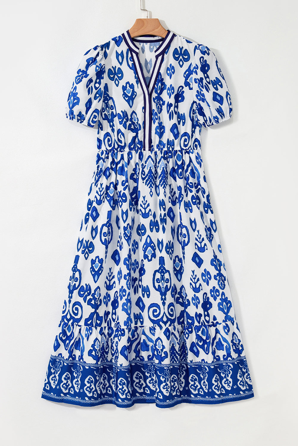 Blue Floral Puff Short Sleeve V Neck High Waist Maxi Dress-Bella Boutique Collective
