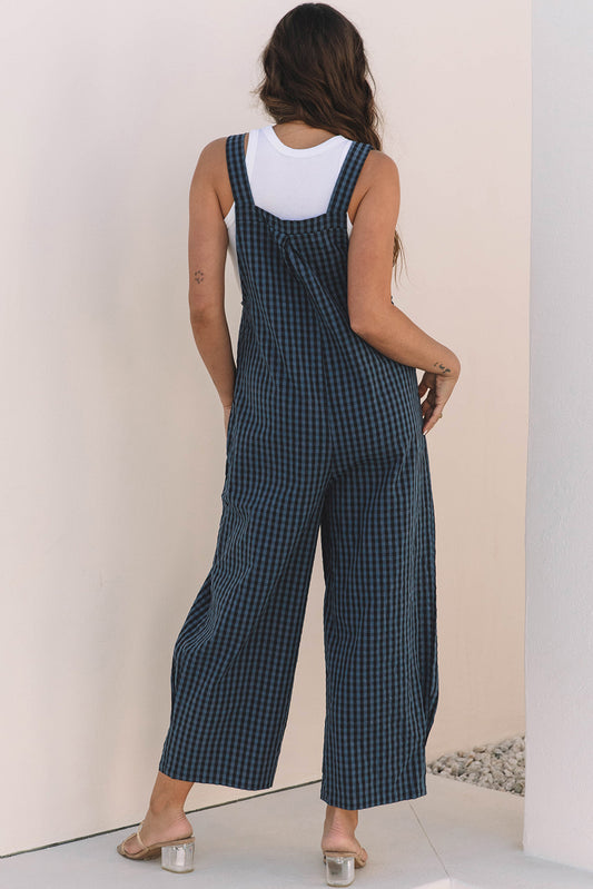 Sail Blue Plaid Print Buttoned Pocketed High Waist Overall-Bella Boutique Collective