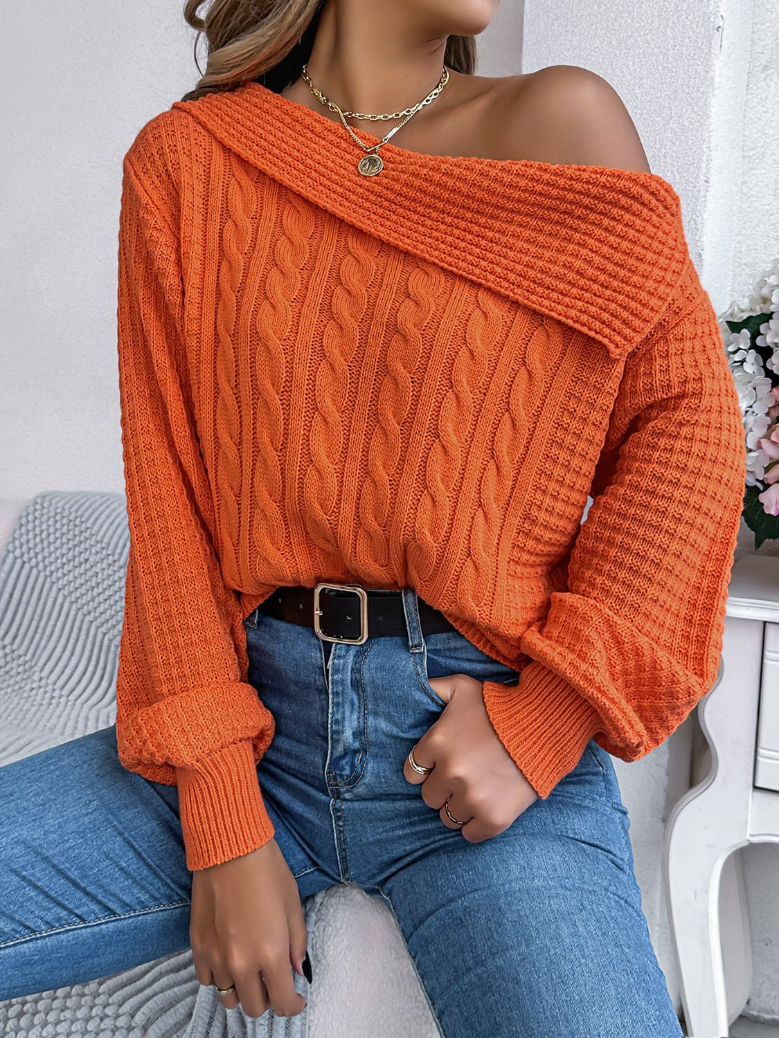 Cable-Knit One Shoulder Long Sleeve Sweater-Bella Boutique Collective