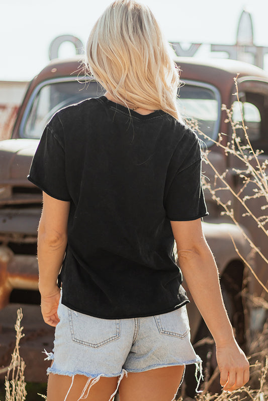 Black Western HOWDY Steer Head Print Side Slits Loose Fit T Shirt-Bella Boutique Collective