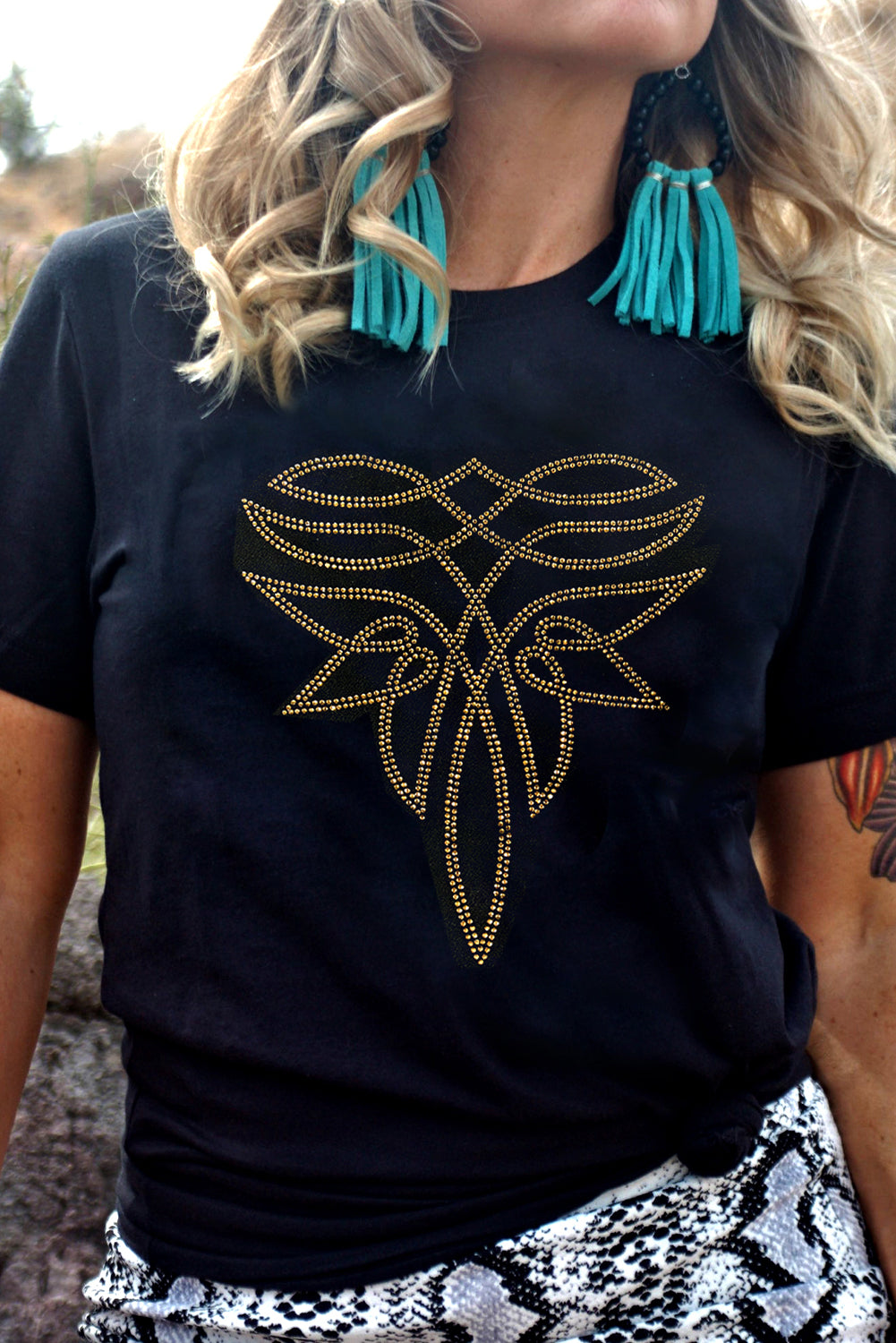 Black Rhinestone Western Pattern Cotton Blend Graphic T Shirt-Bella Boutique Collective