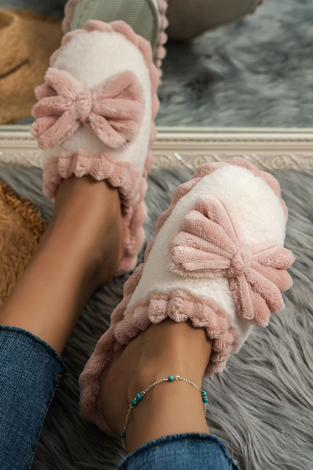 Fushia Bow Decor Color Block Ribbed Plush Slippers-Bella Boutique Collective