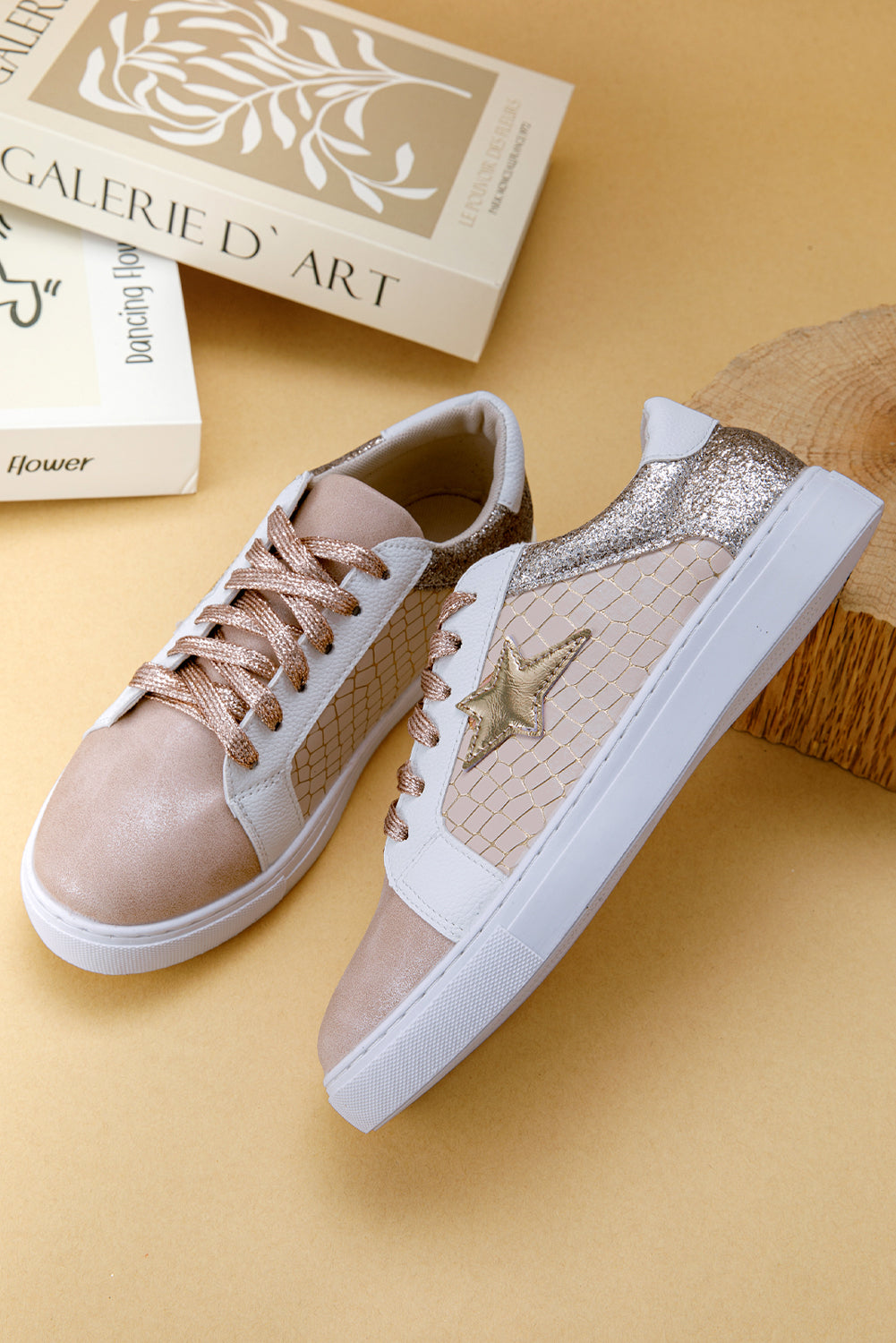 Gold Glitter Star Patchwork PU Leather Lace-up Sneakers-Bella Boutique Collective