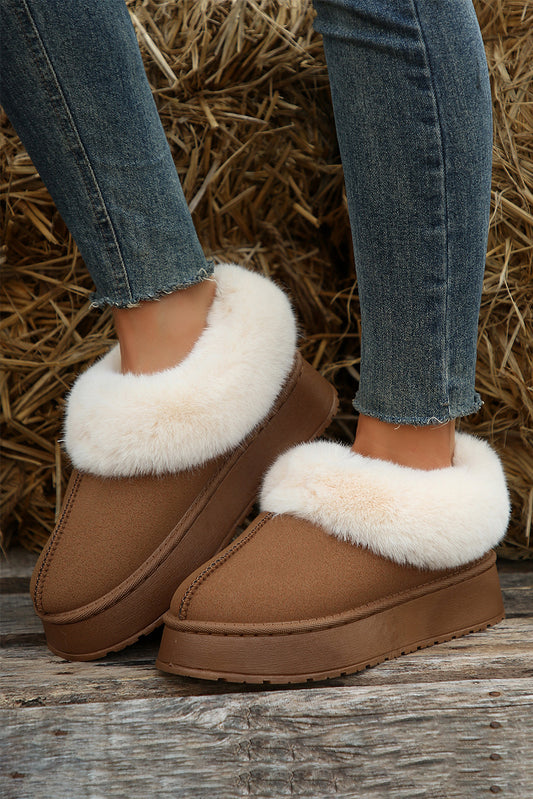 Chestnut Plush Suede Trim Thick Sole Flat Snow Boots-Bella Boutique Collective