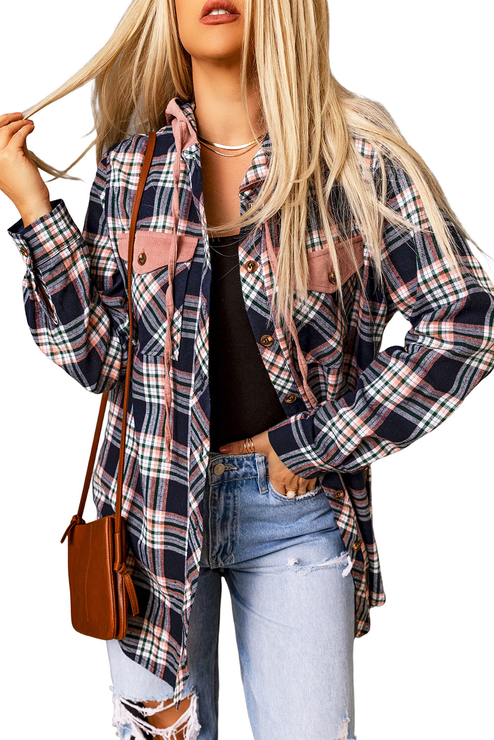 Pink Contrast Hooded Drawstring Plaid Shacket-Bella Boutique Collective