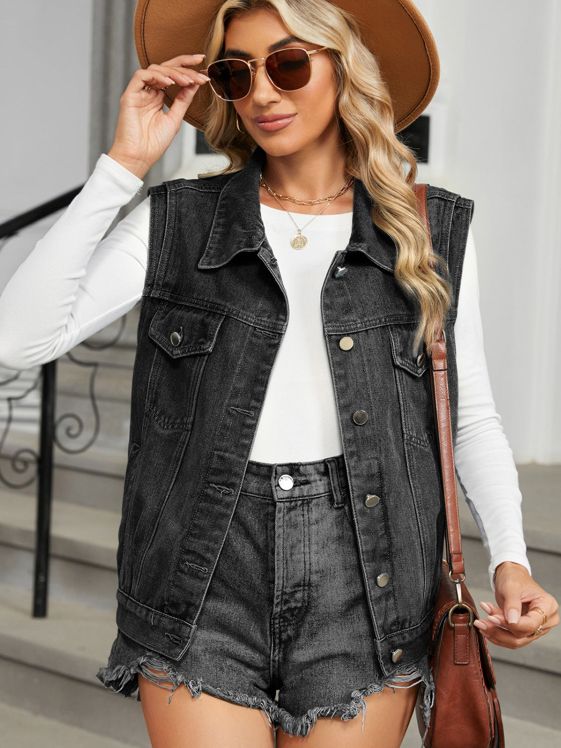 Pocketed Button Up Sleeveless Denim Jacket-Bella Boutique Collective
