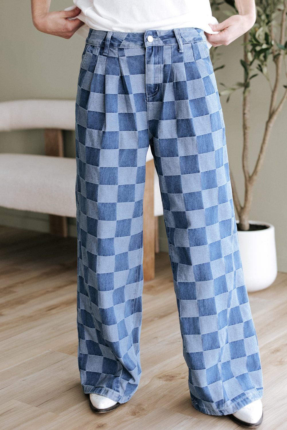 Dusk Blue Checkered Denim Wide Leg Jeans-Bella Boutique Collective