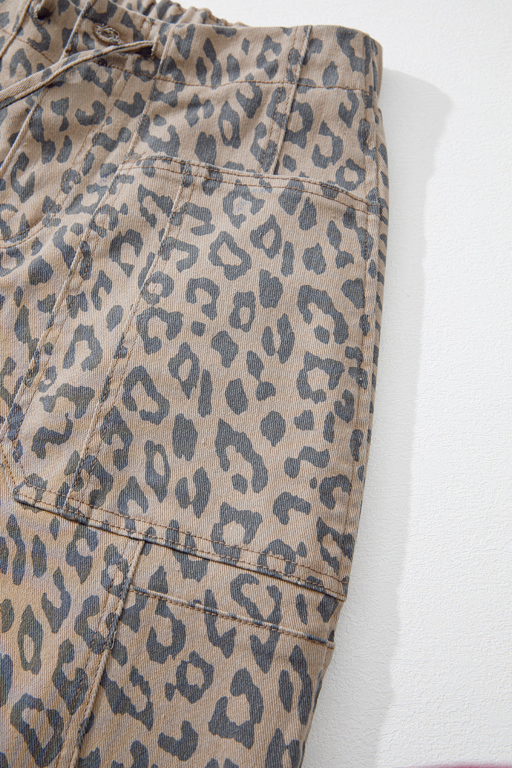 Khaki Leopard Printed Drawstring Waist Pocketed Wide Leg Jeans-Bella Boutique Collective