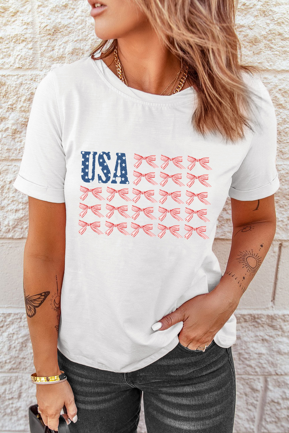 White USA Flag Bow Knot Print Round Neck T Shirt-Bella Boutique Collective